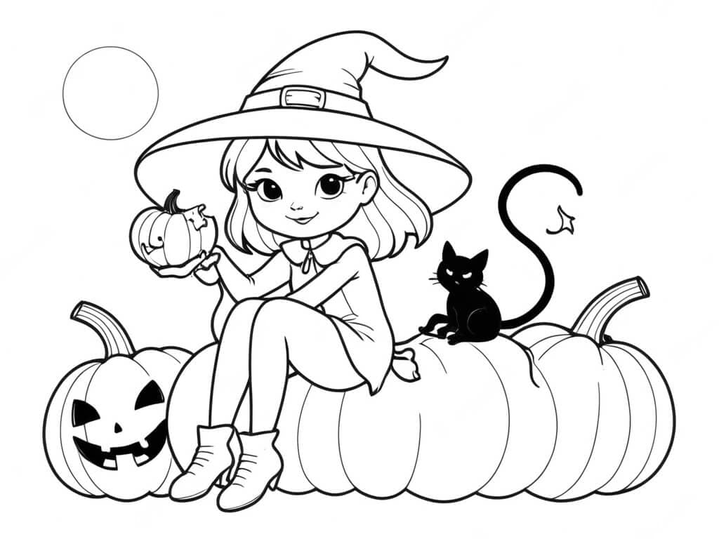 Witch with Pumpkin and Black Cat Coloring Page