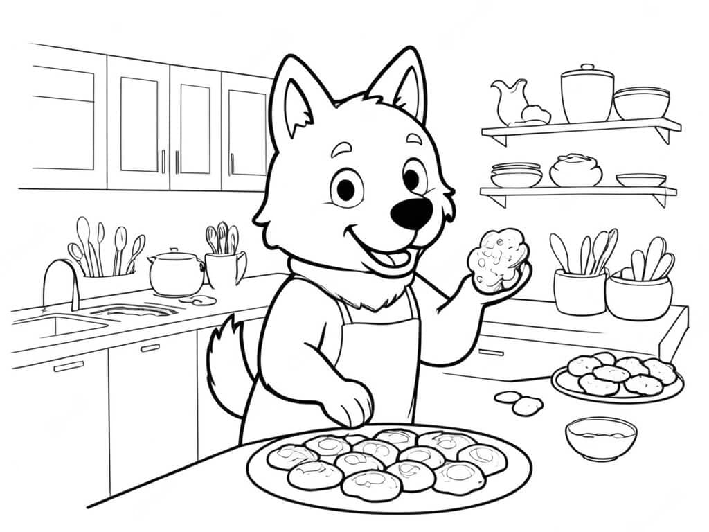 Wolf Baking Cookies Coloring Page