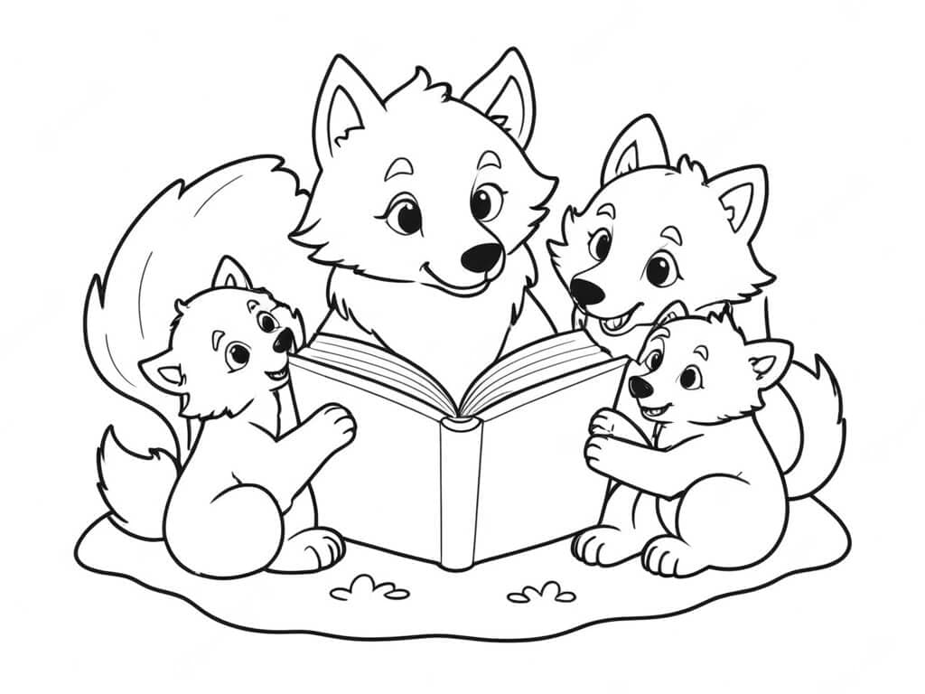 Wolf Family Reading Stories Coloring Page