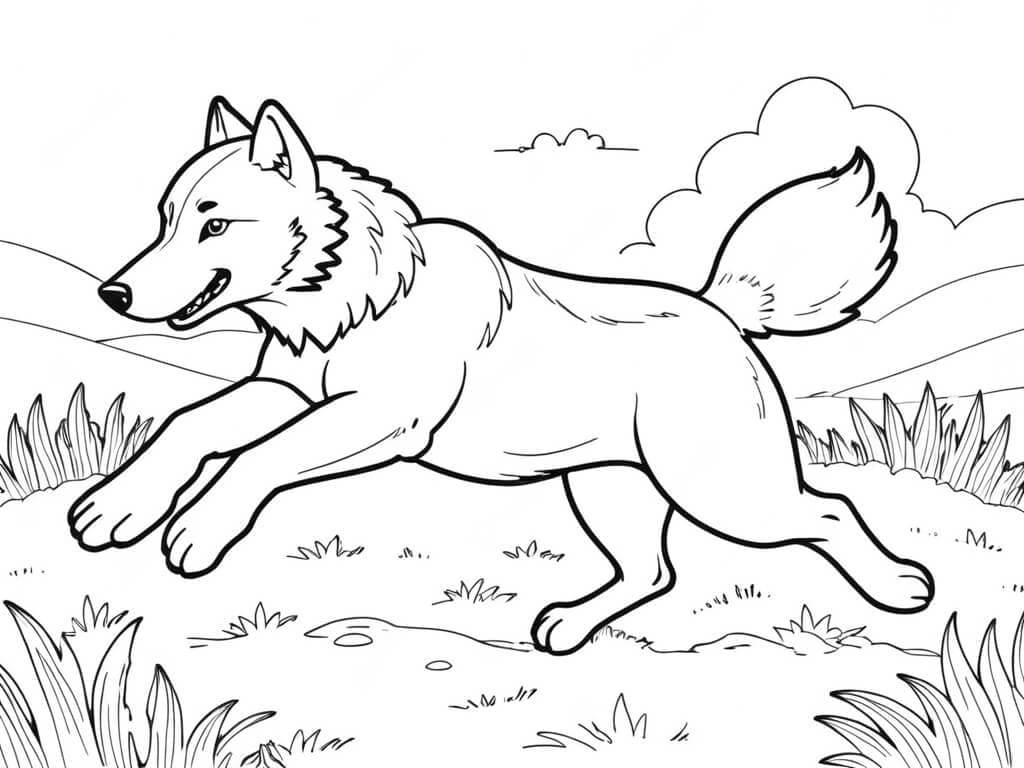 Wolf Running in a Meadow Coloring Page