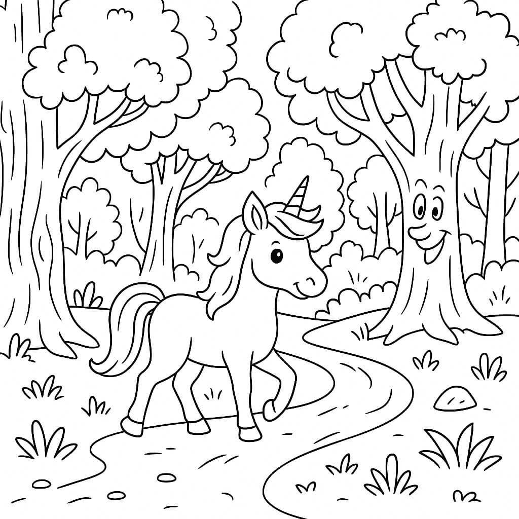 Forest with unicorn coloring page coloring page